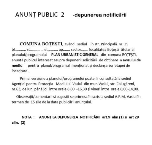 Anunt public depunerea notificarii